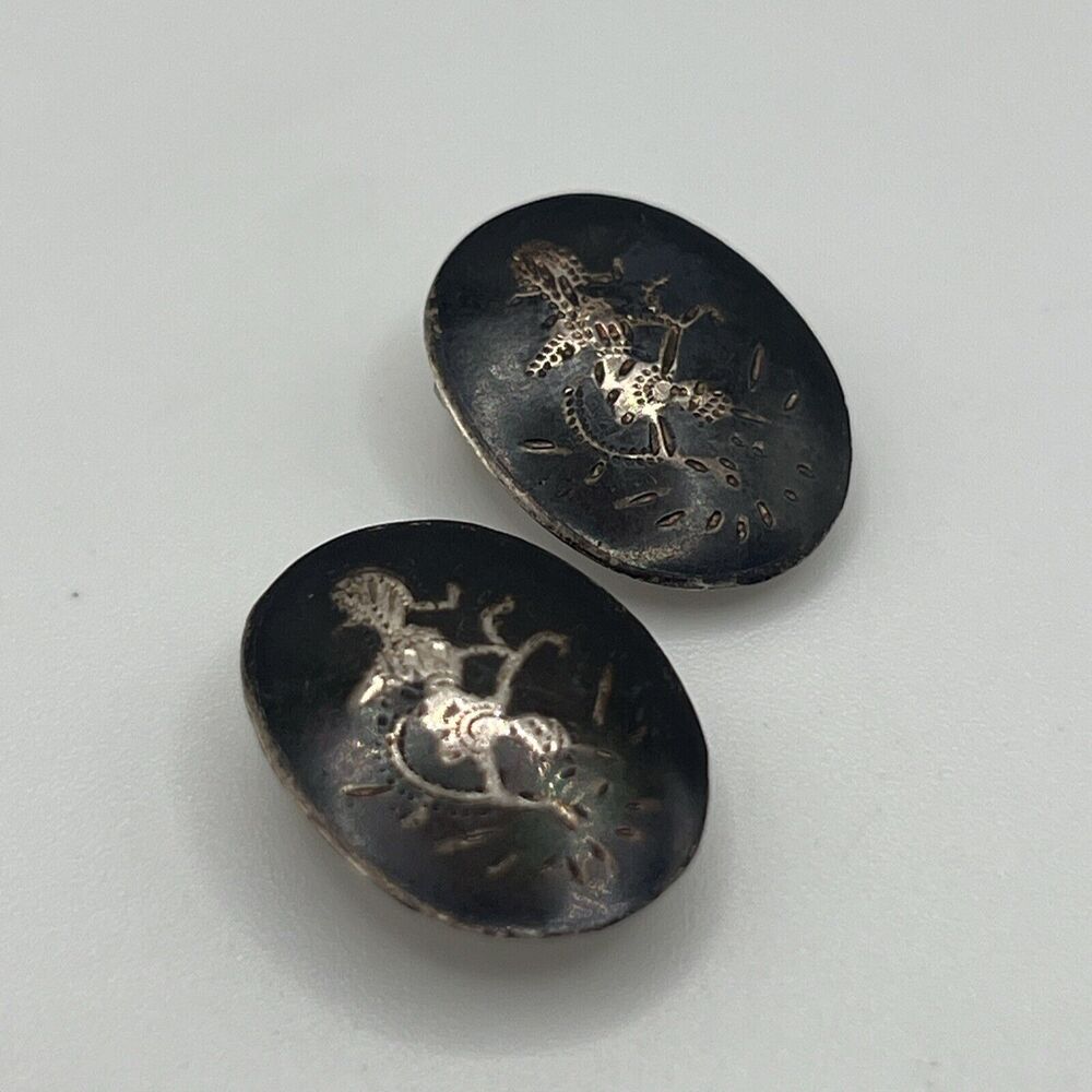 Siam Niello Clip on Earrings - Sterling Silver Round Earrings